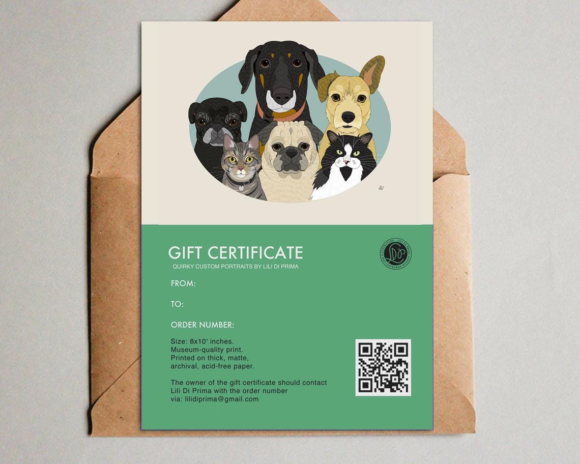 Custom Multi-Pet Portrait Gift Certificate 8x10 Art Print Gift