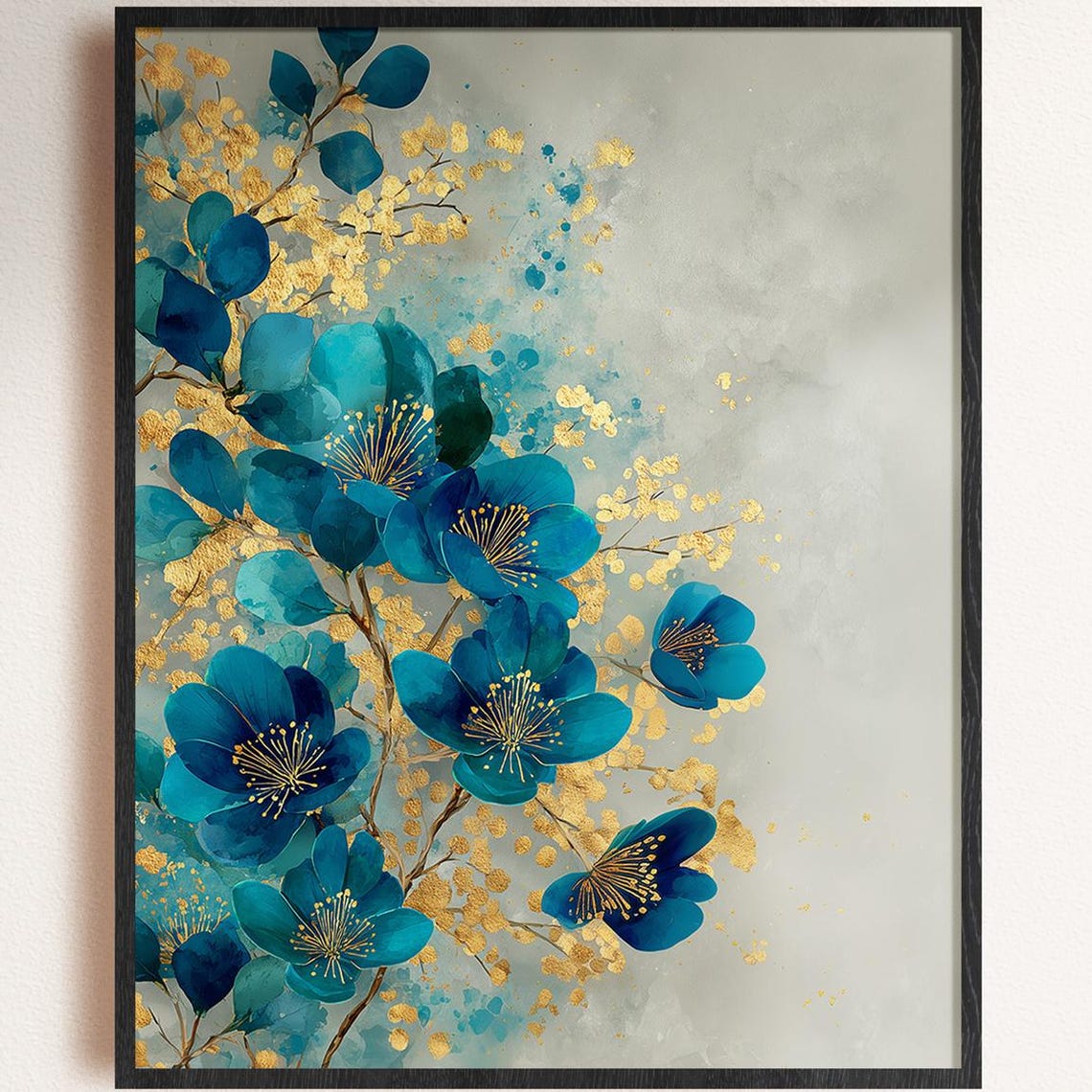 Luxurious Teal Blue Floral Gold Leaf Botanical Watercolor Art Print
