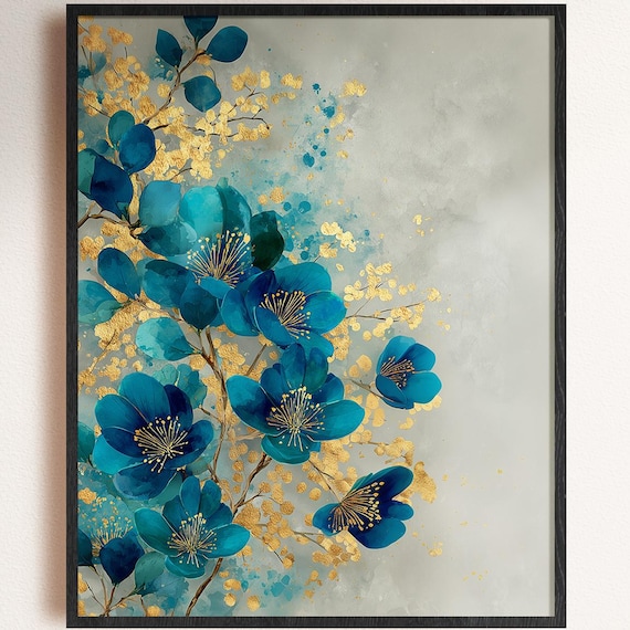 Luxurious Teal Blue Floral Gold Leaf Botanical Watercolor Art Print