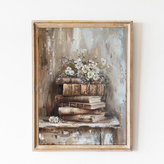 Antique Book Stack With Daisies Vintage Academia Library Floral Poster