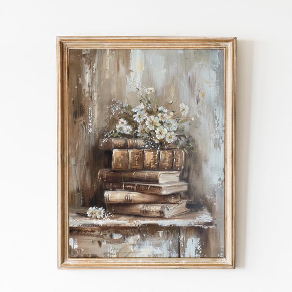 Vintage Academia Print Spring Floral Print Vintage Book Wall Art Book Painting Book Stack Art Antique Farmhouse Decor Moody Decor