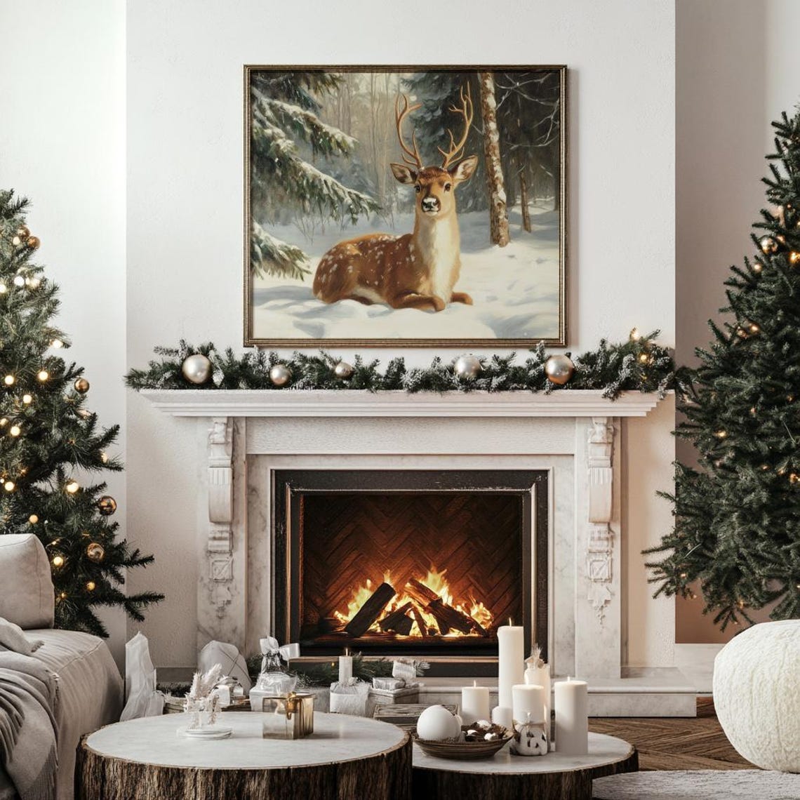Young Stag Resting In Snowy Winter Forest Wildlife Christmas Poster - Image 3