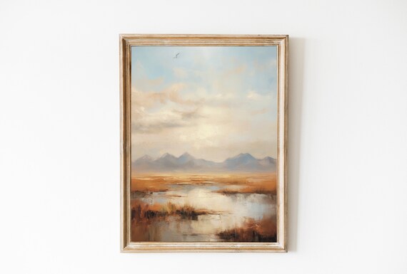 Golden Marsh Landscape With Distant Mountains Soft Sunrise Poster