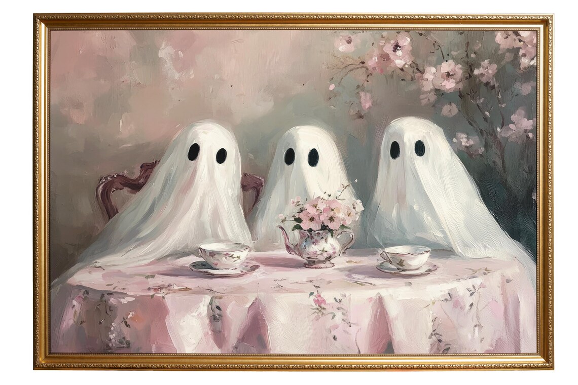 Vintage Ghost Tea Party Art Print, Pink Halloween - Image 6