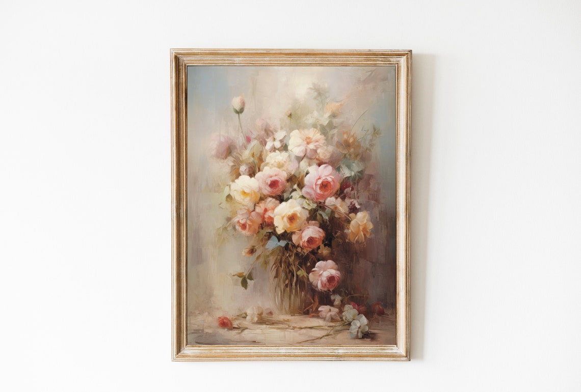 Vintage Flowers Still Life Painting Fine Art Vase Flowers Farmhouse Pink White Flowers Botanical Decor Antique Oil Painting Art