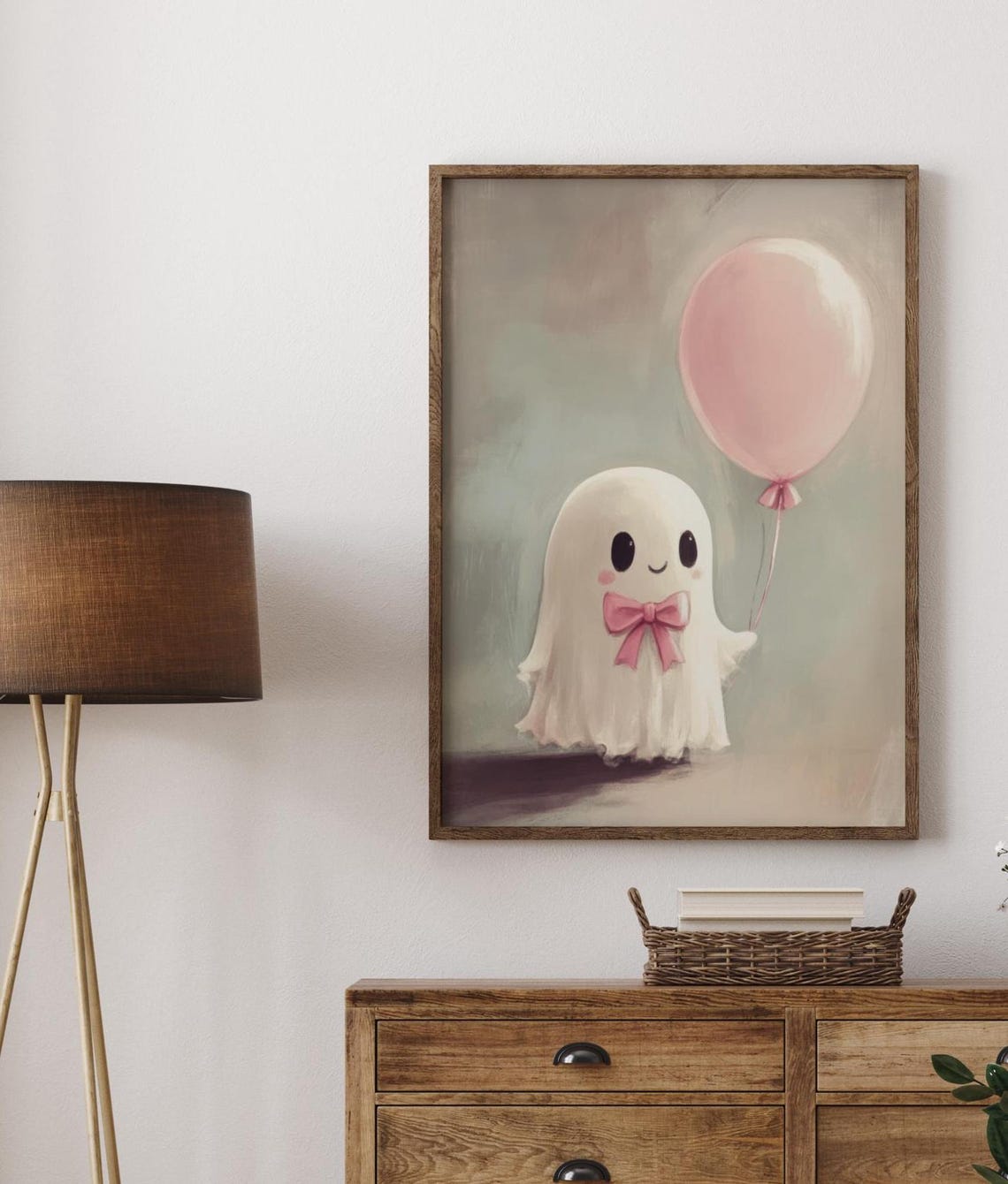 Smiling Cute Ghost With Pink Bow Holding A Pink Balloon Poster - Image 4