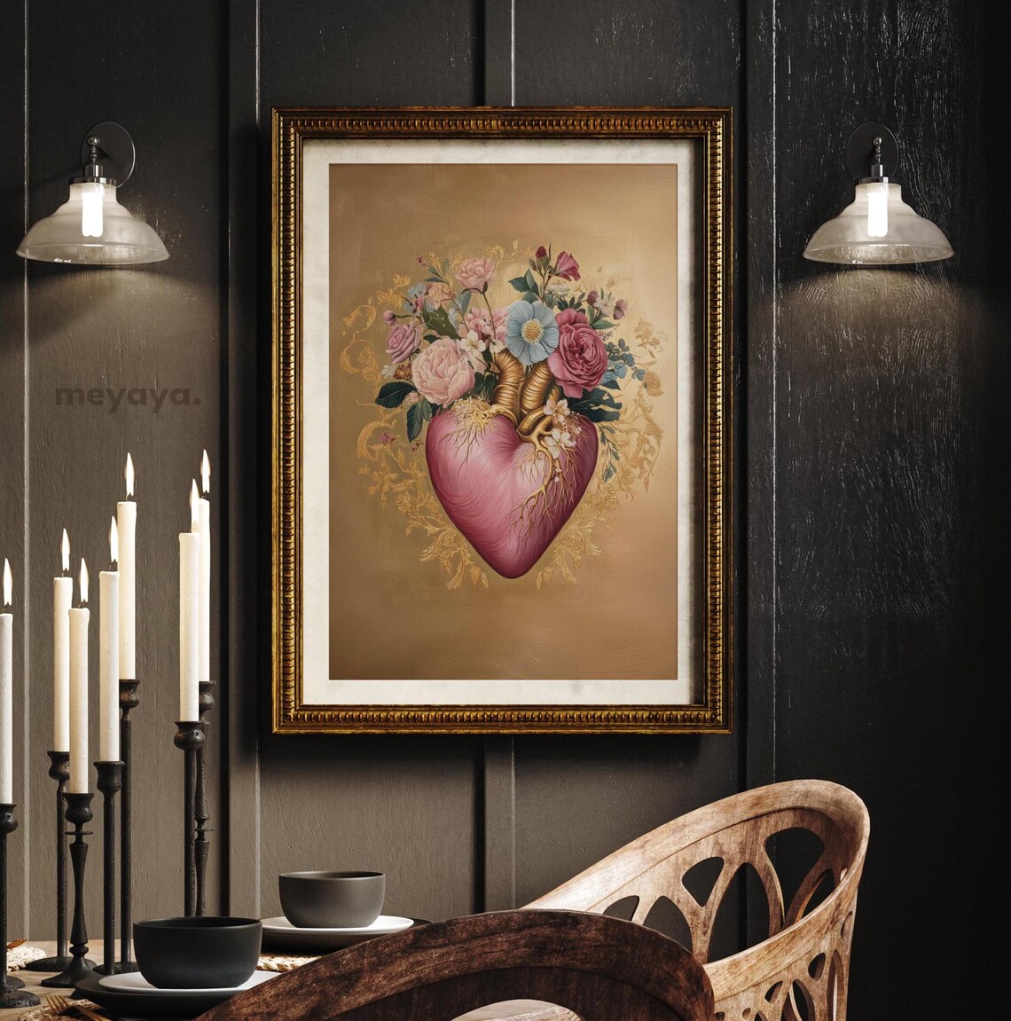 Gold Pink Floral Anatomical Heart Romantic Painting Wall Print - Image 4