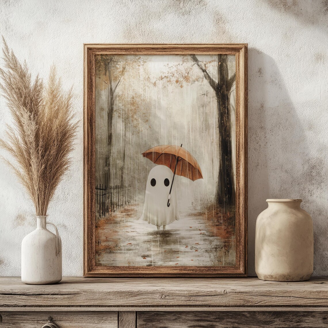 Cute Ghost in the Rain Autumn Cottagecore Art Print - Image 2