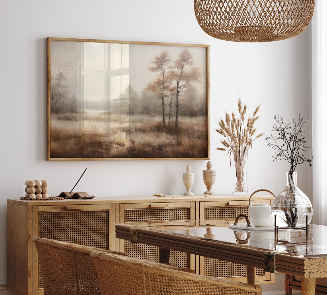 Misty Autumn Meadow With Birch Trees In Soft Brown Tones Poster - Image 6