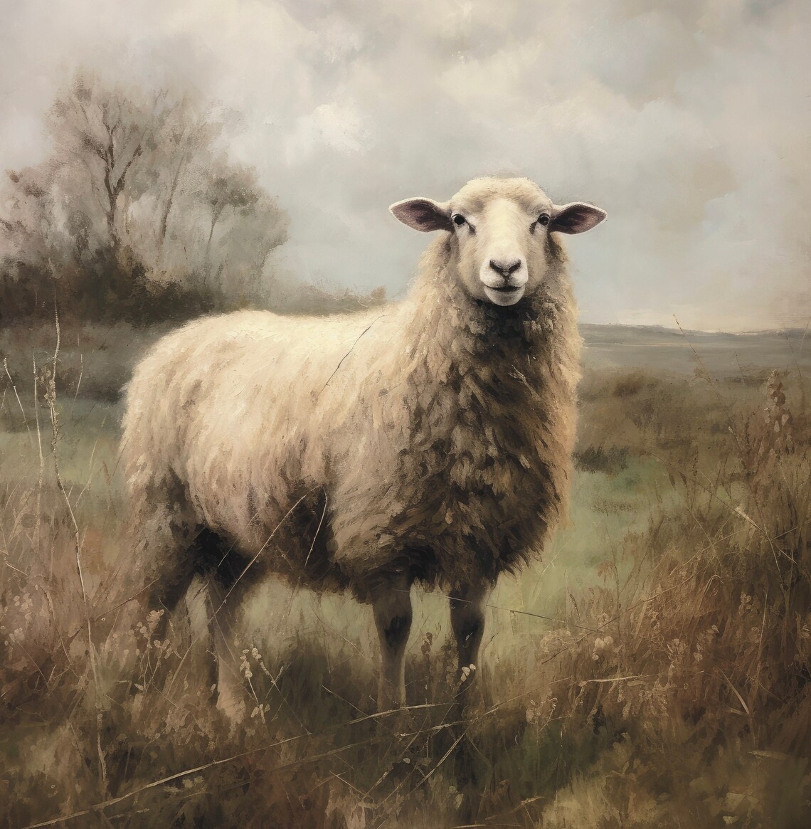 Vintage Sheep Oil Painting, Farmhouse Landscape Art - Image 6