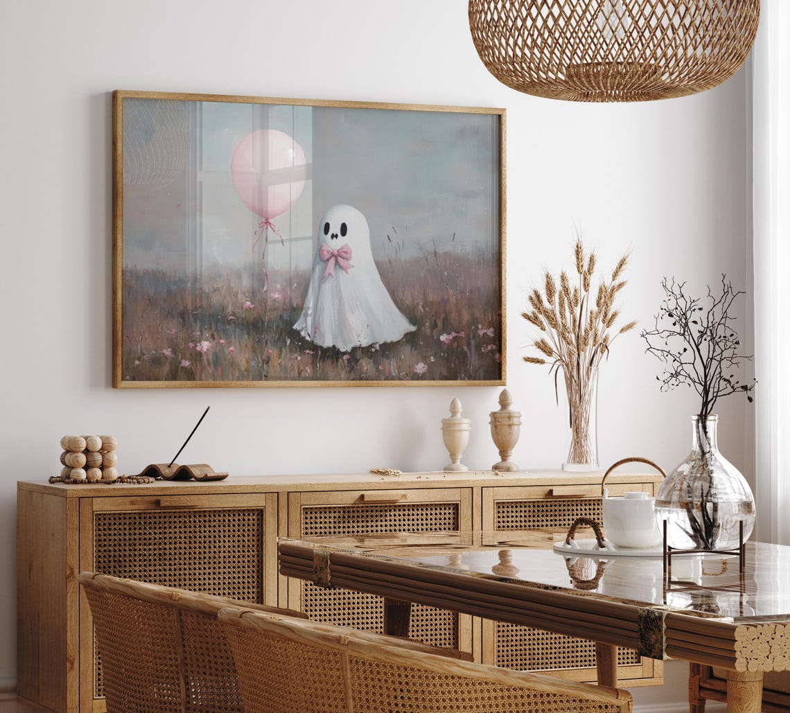 Cute Ghost With Pink Bow Holding A Balloon In A Meadow Poster - Image 2