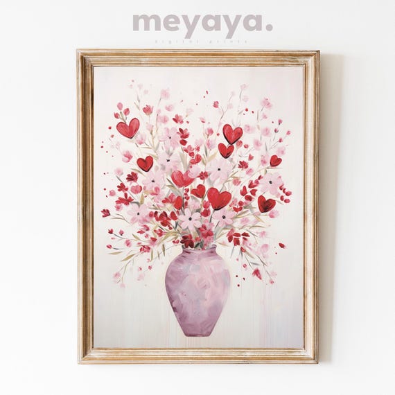 Flowers Art Print Valentines Day Wall Art Love Decor Romantic Print Cottagecore Decor Cute Pink Valentines Painting Red Heart Print