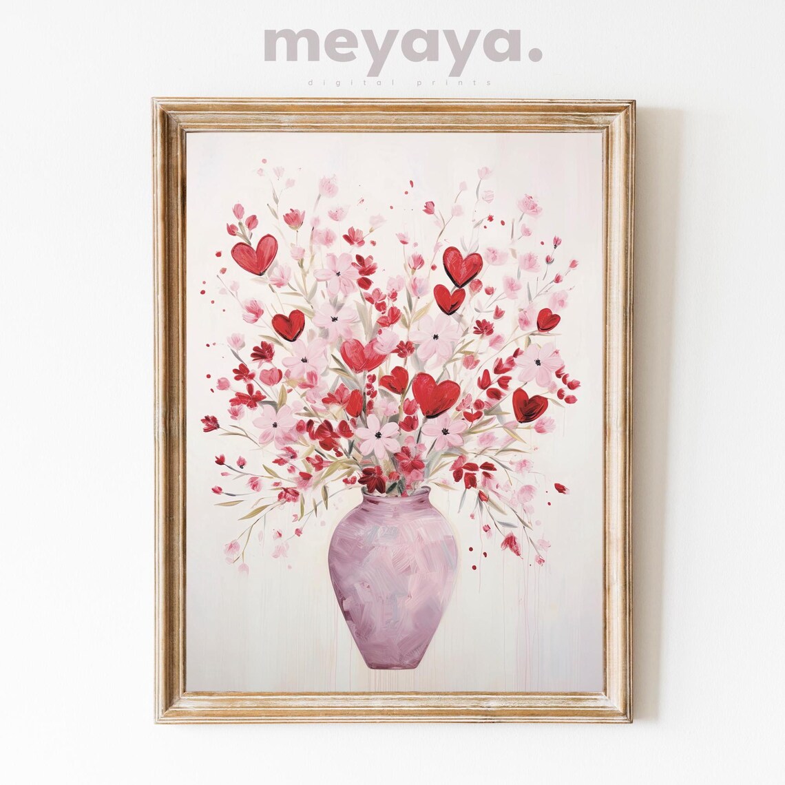 Pink Red Hearts Wildflower Vase Spring Romantic Floral Wall Print