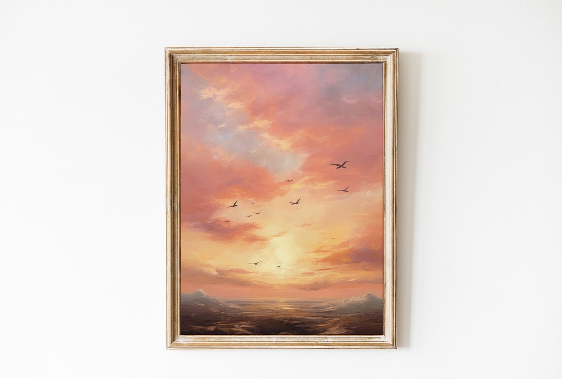 Pink Sunset Sky With Birds Seascape Oil Painting Romantic Poster