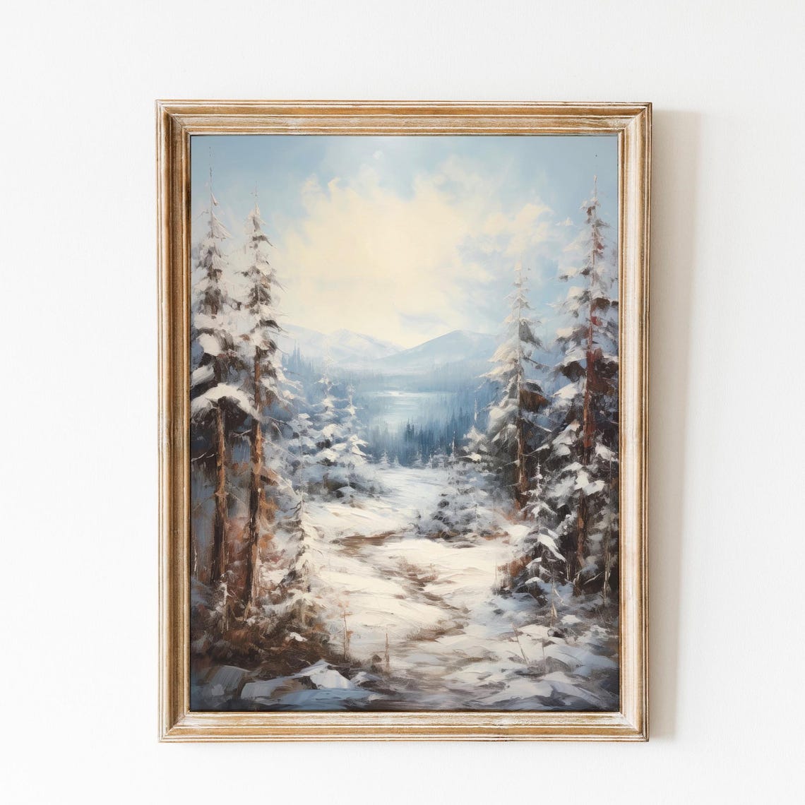 Snowy Pine Forest Winter Mountain Lake Vintage Landscape Poster
