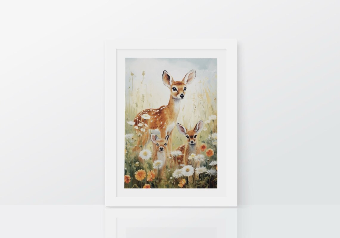 Deer Family Meadow Fawns Wildflowers Vintage Nursery Room Poster - Image 2
