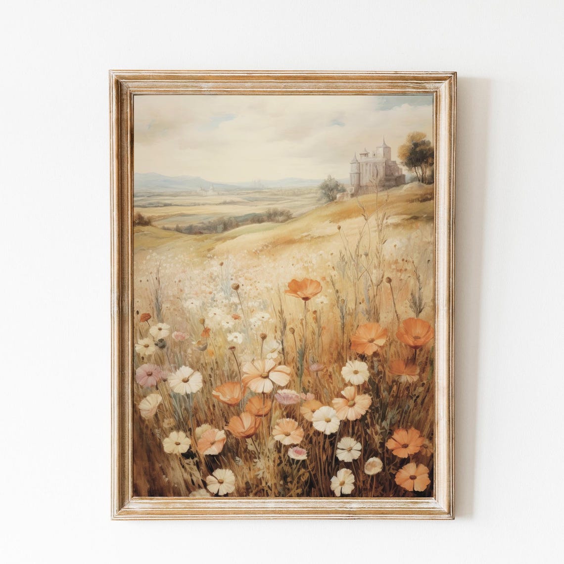 Sunlit Golden Wildflower Meadow With Distant Old Castle Vintage Poster