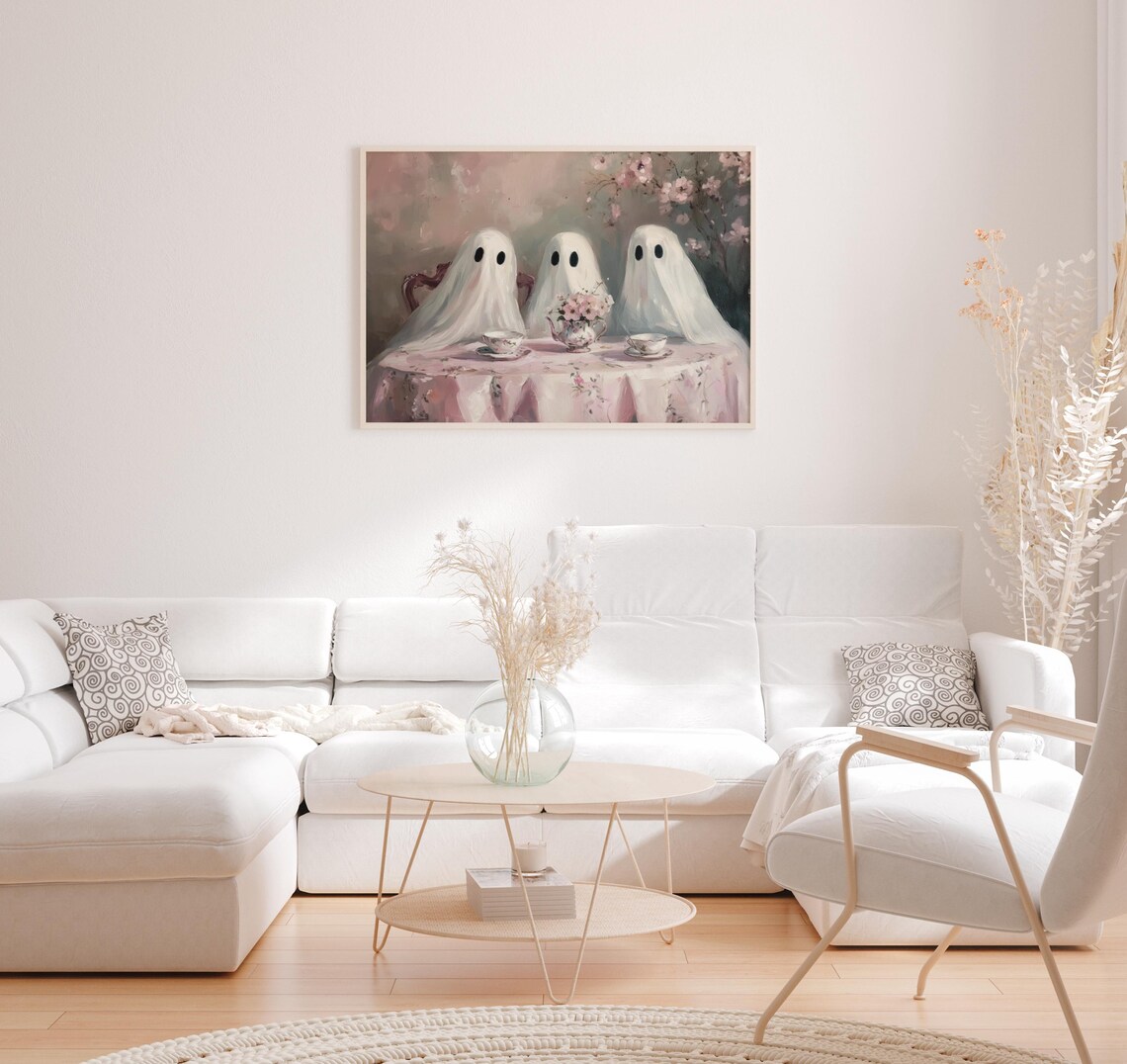 Vintage Ghost Tea Party Art Print, Pink Halloween - Image 3