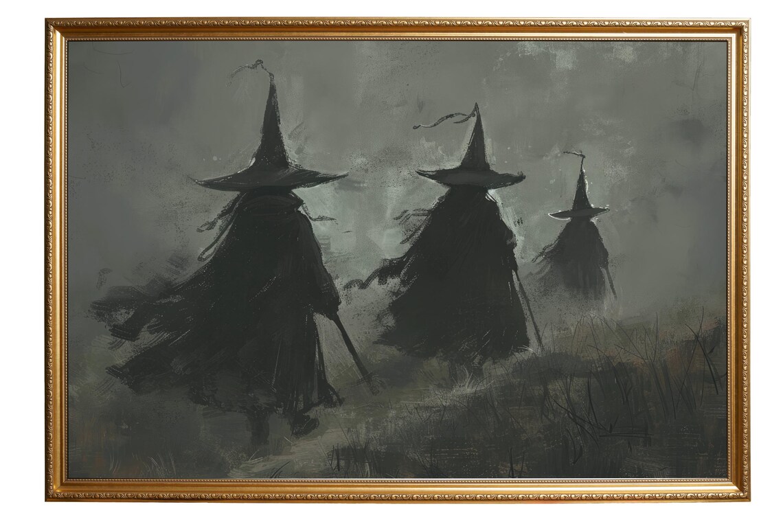 Three Witches Walking Through Foggy Moor Moody Dark Academia Poster - Image 4