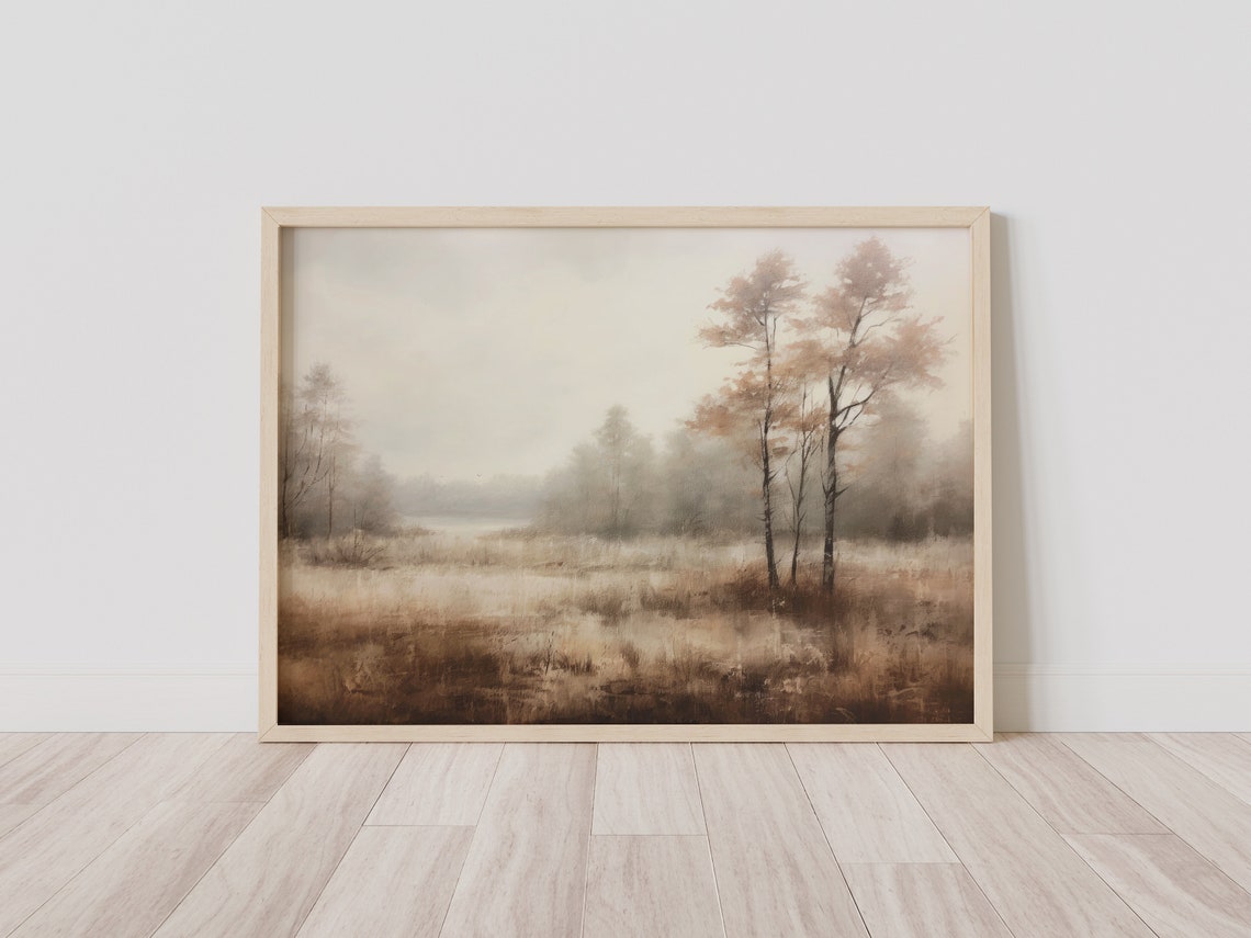 Misty Autumn Meadow With Birch Trees In Soft Brown Tones Poster - Image 2