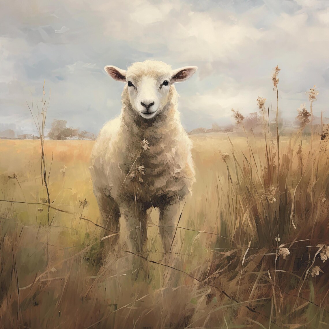 White Sheep Lamb Moody Field Vintage Oil Painting Wall Print - Image 6