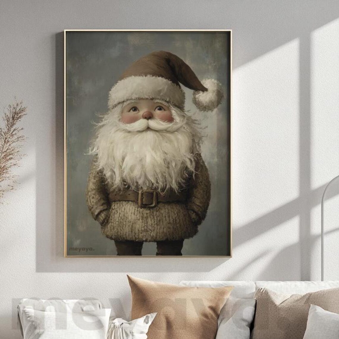 Beige Christmas Santa Print Cute Santa Painting Brown Holiday Decor Neutral Christmas Winter Wall Art Farmhouse Christmas Decor Xmas - Image 2