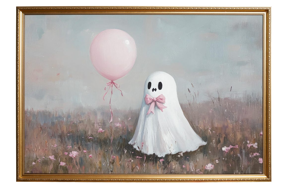 Cute Ghost With Pink Bow Holding A Balloon In A Meadow Poster - Image 6