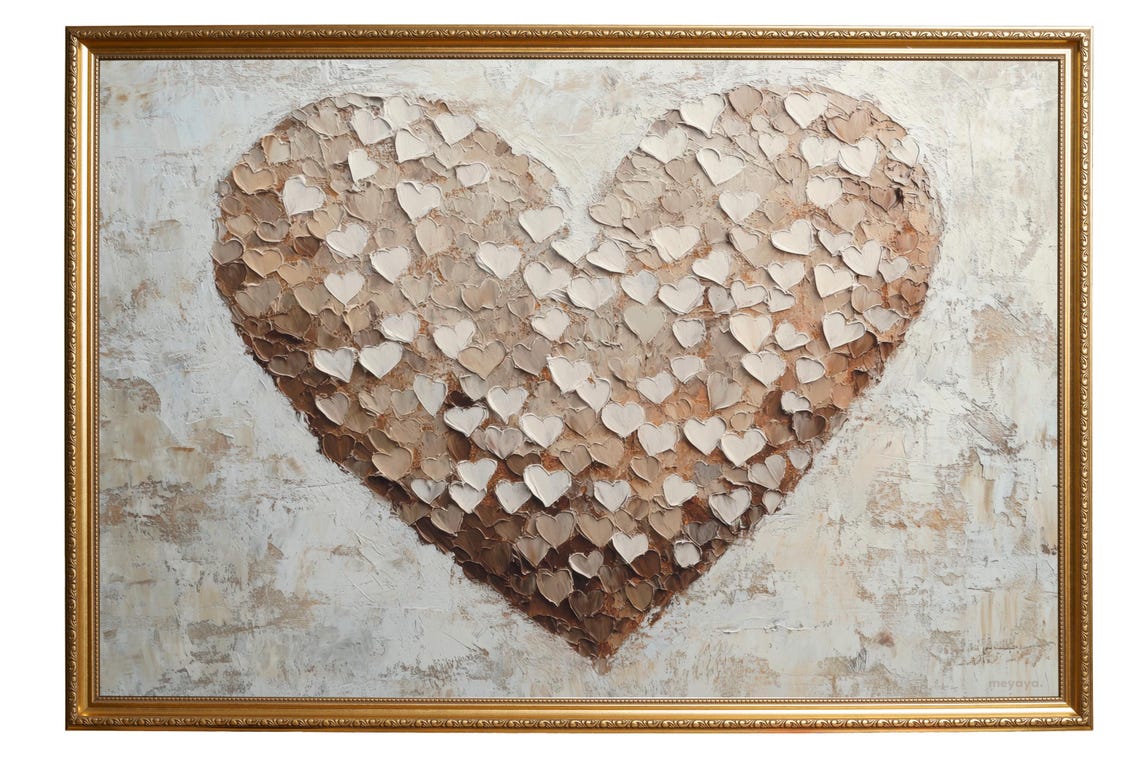 Neutral Beige Hearts Textured Impasto Romantic Love Wall Print - Image 5