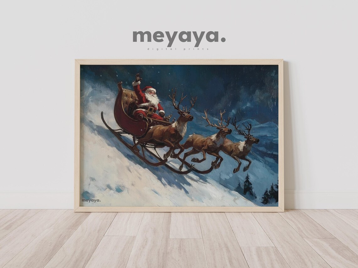Santa Claus Painting Christmas Vintage Sleigh With Reindeer Print Christmas Wall Art Holiday Winter Scene Santa Sleigh Print - Image 2