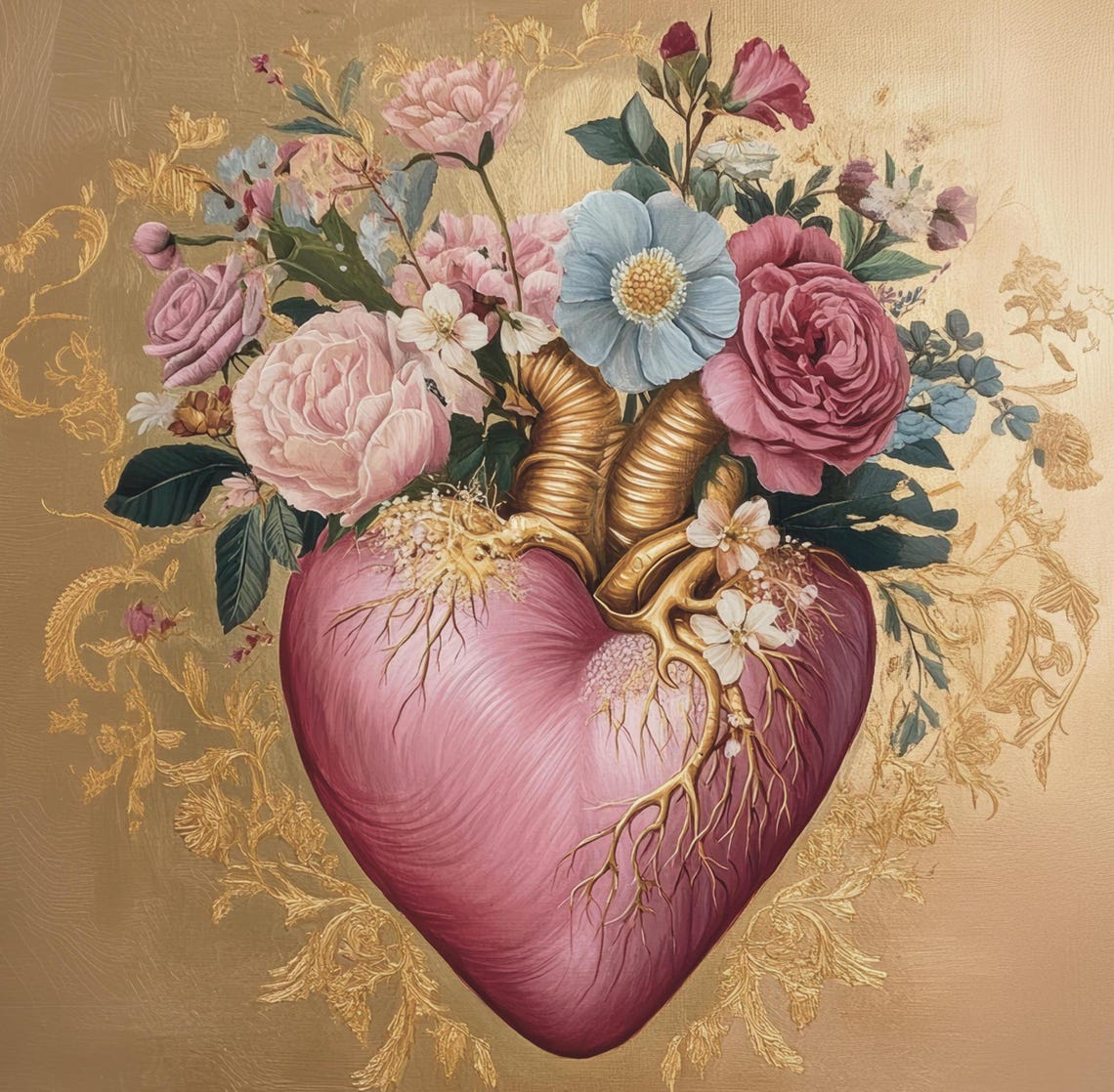 Floral Gold Pink Heart Print Anatomy Heart Painting Valentines Wall Art Cardiology Gift Anatomical Heart Art Pink Decor Mexican Art - Image 6