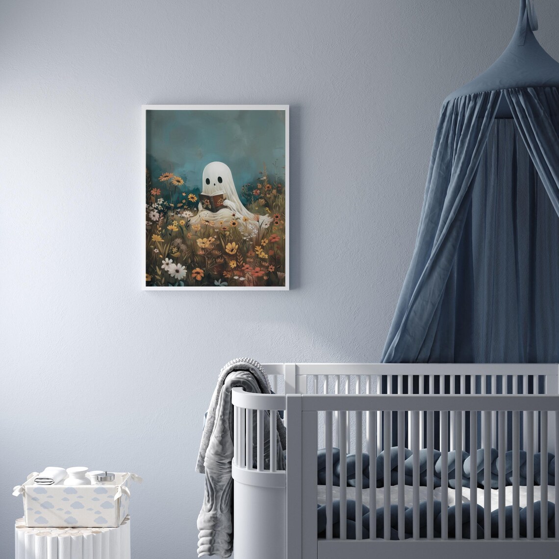Cute Ghost Reading on Flower Field, Vintage Halloween Art - Image 2