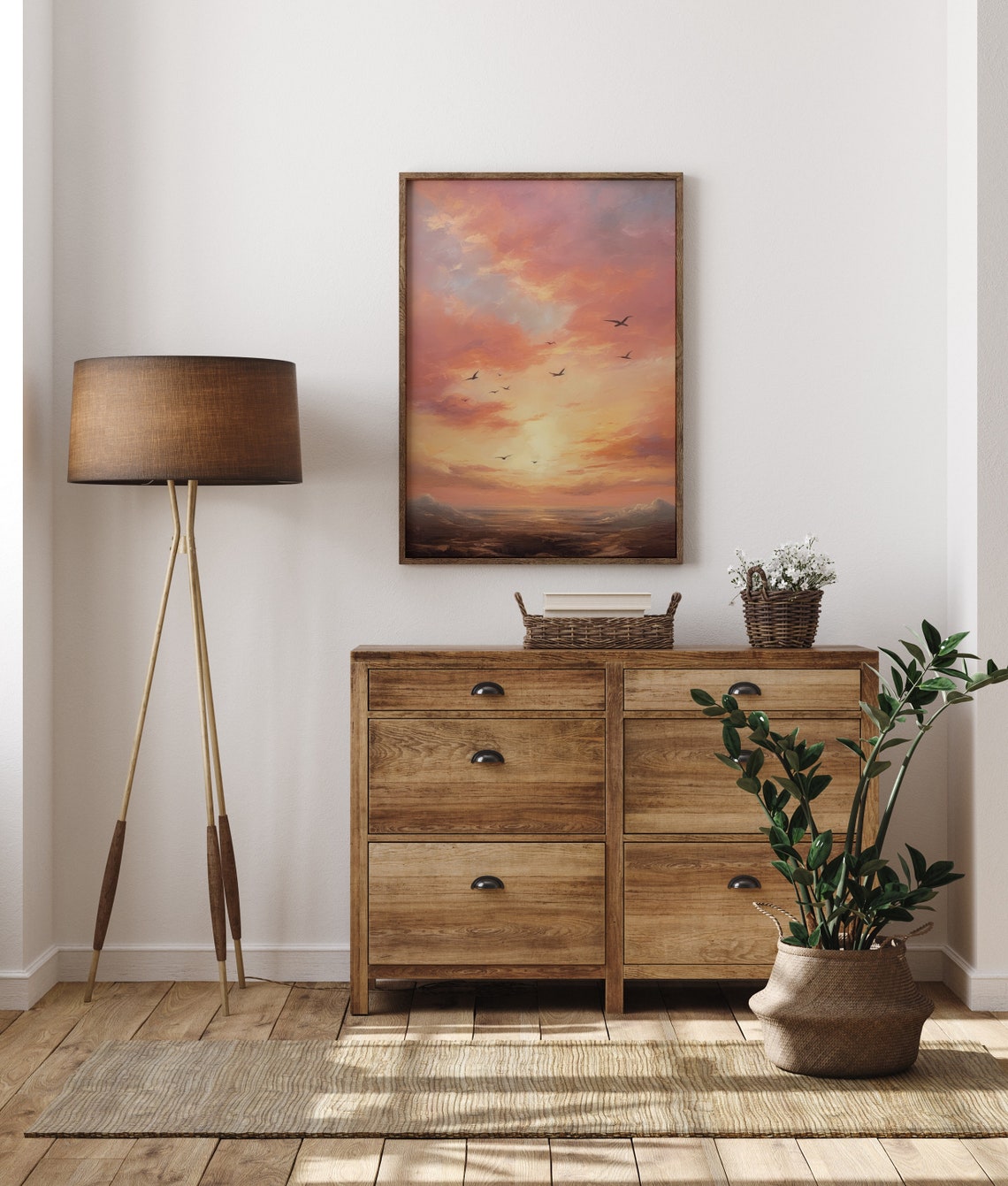 Pink Sunset Sky With Birds Seascape Oil Painting Romantic Poster - Image 6