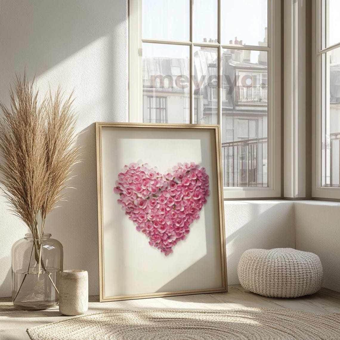 Pink Rose Heart Shape Flower Arrangement Romantic Wall Print - Image 3