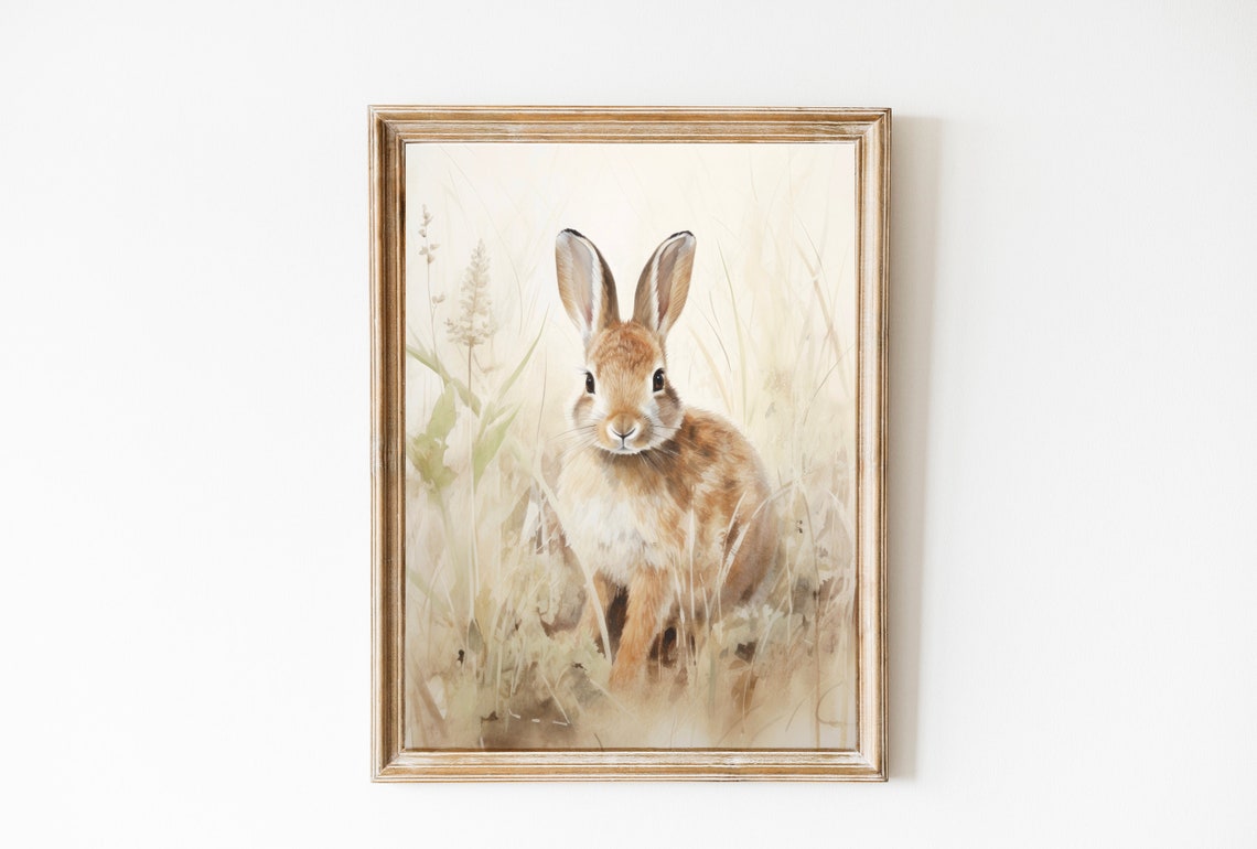 Brown Bunny In Tall Grass Soft Neutral Vintage Spring Poster