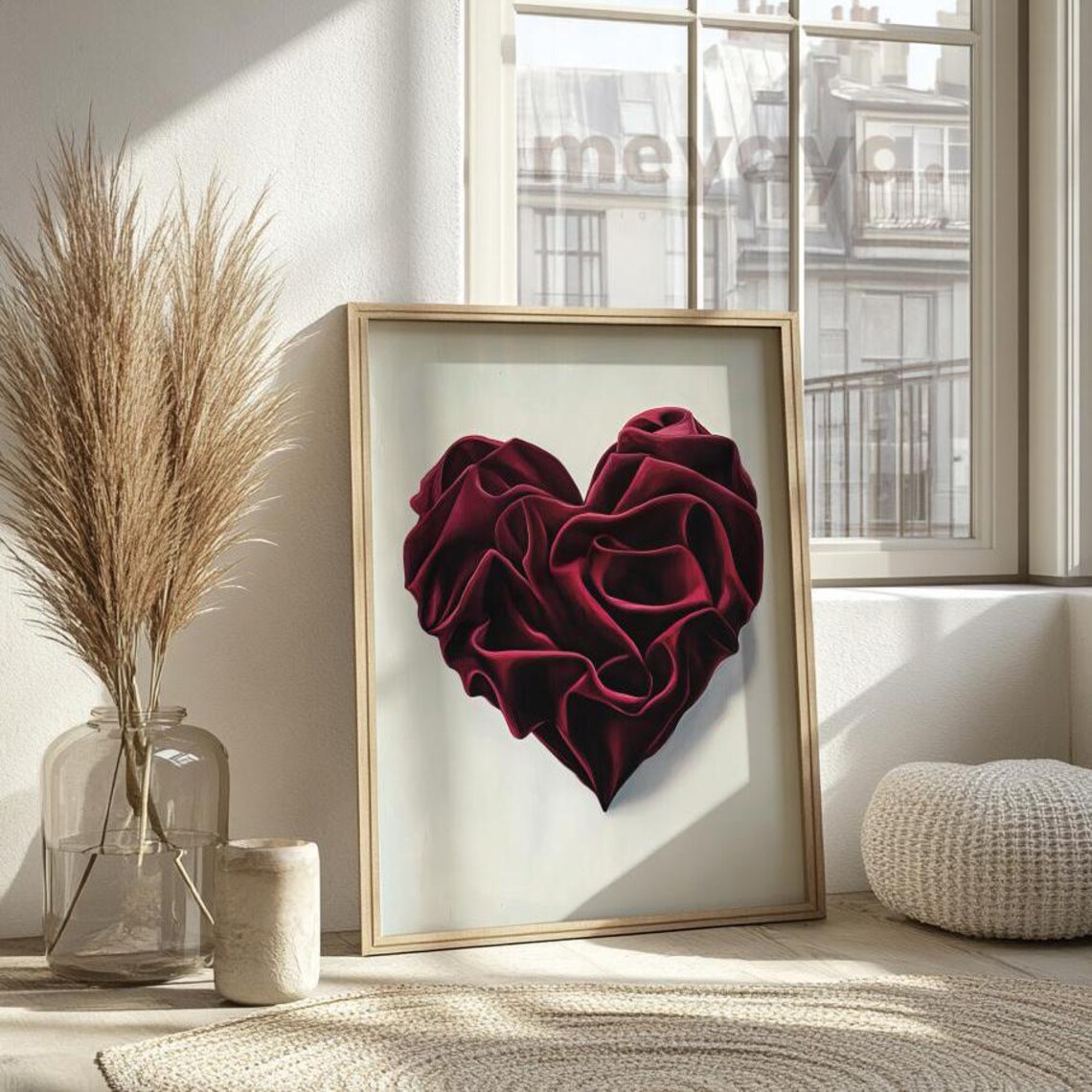 Burgundy Velvet Rose Heart Sculptural Romantic Valentines Print - Image 4
