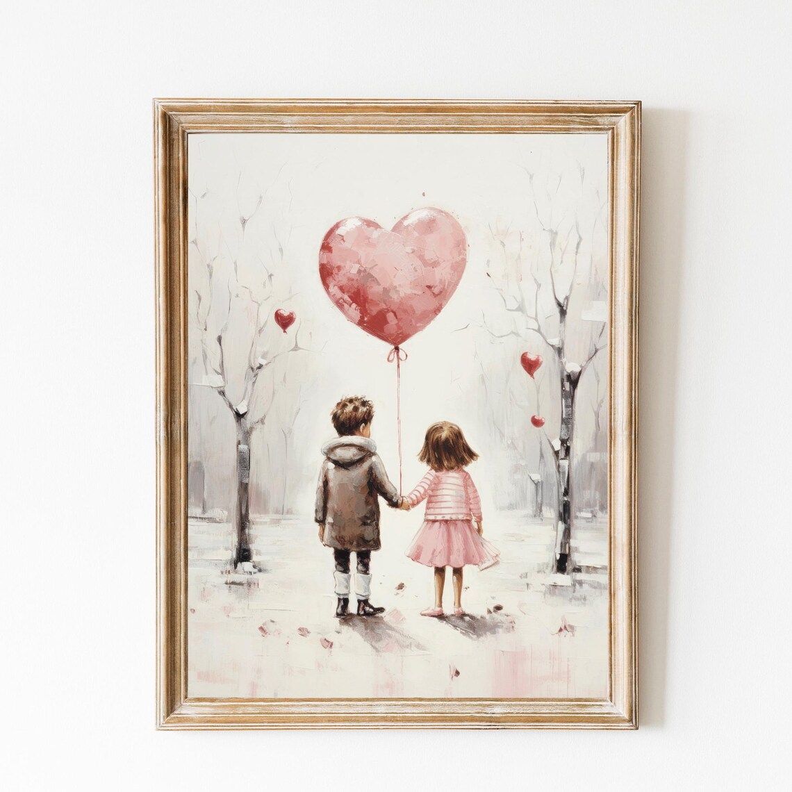Little Boy And Girl Holding Hands With A Pink Heart Balloon Poster