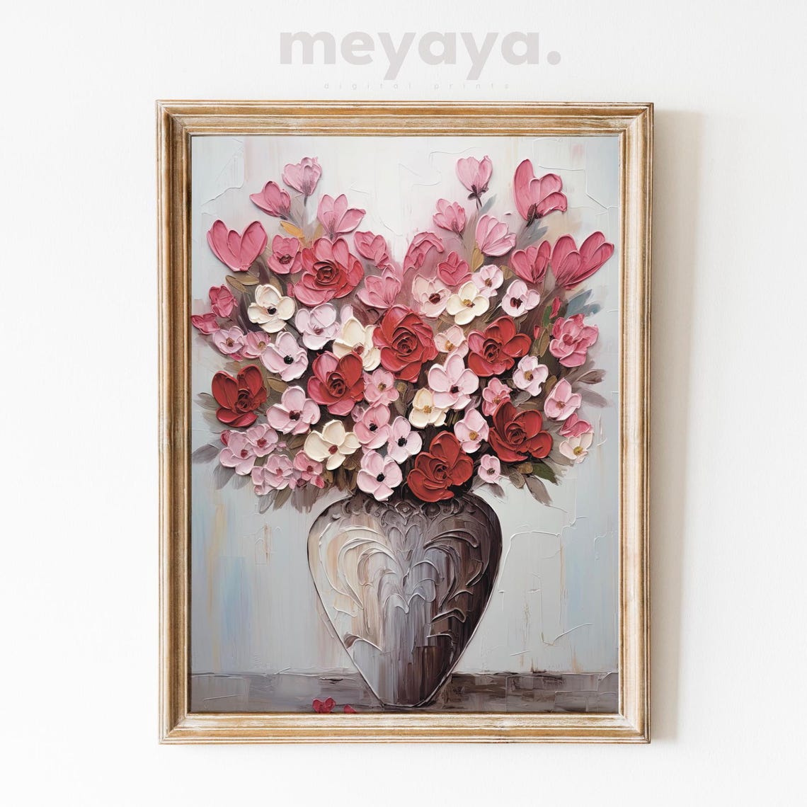 Pink Roses Impasto Vase Bouquet Textured Romantic Floral Wall Print