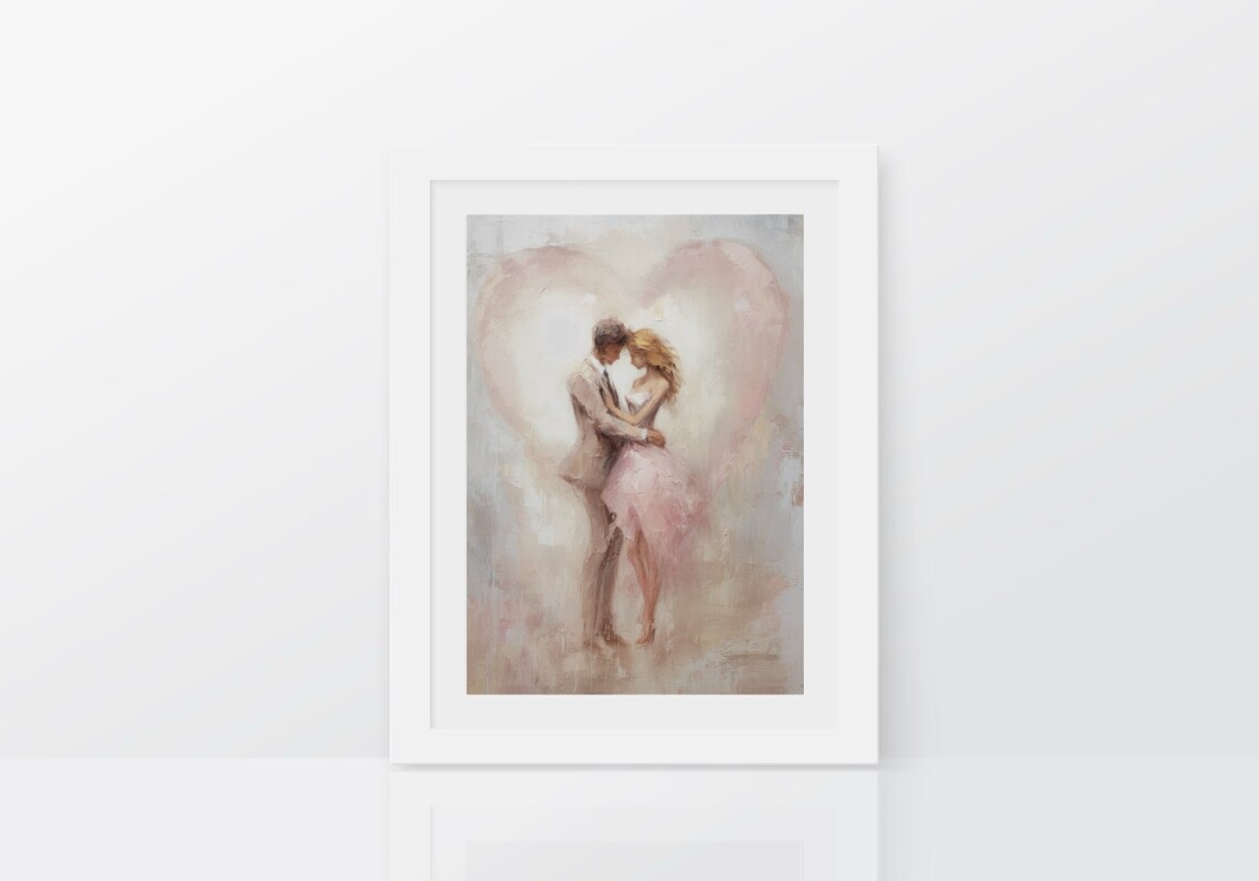 Romantic Couple Embracing In Front Of A Soft Pink Heart Poster - Image 3