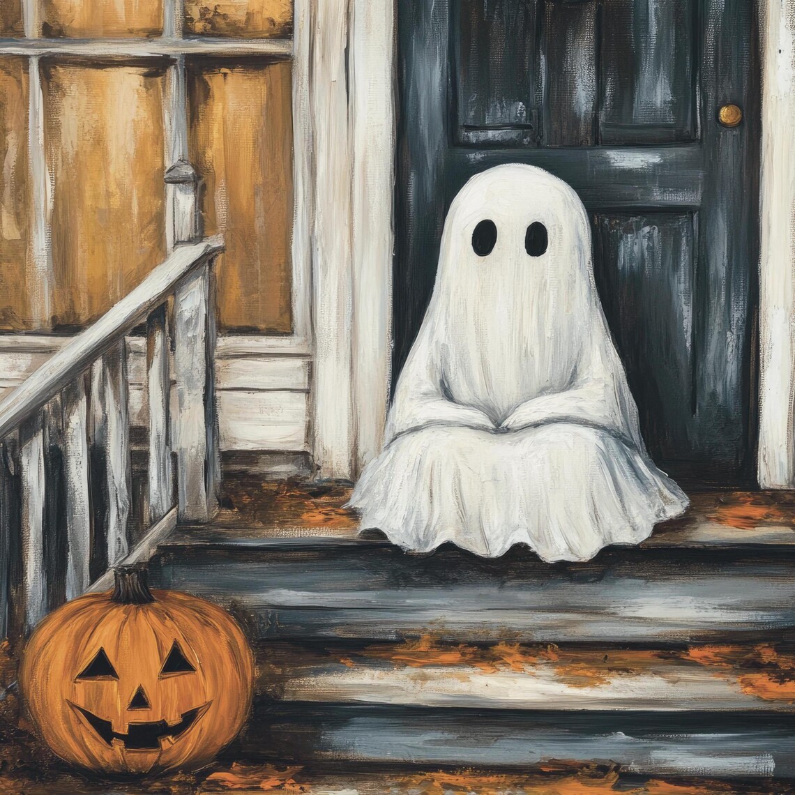 Cute Ghost Sitting On A Rustic Doorstep Next To A Jack O Lantern Poster - Image 6