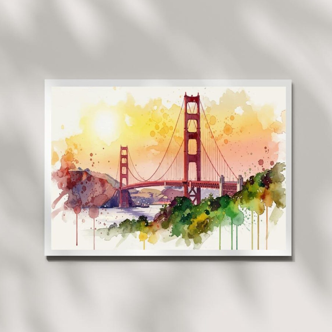 Golden Gate Bridge Watercolor Sunset Bay Area Colorful Art Poster
