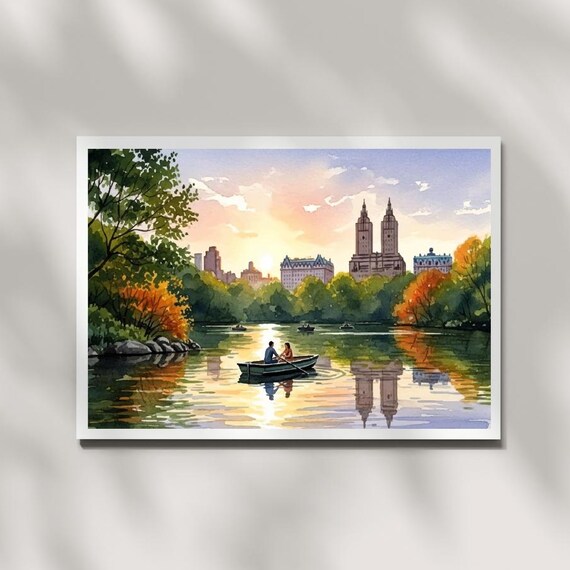 Central Park New York Sunset Rowboat Lake Evening Watercolor Poster