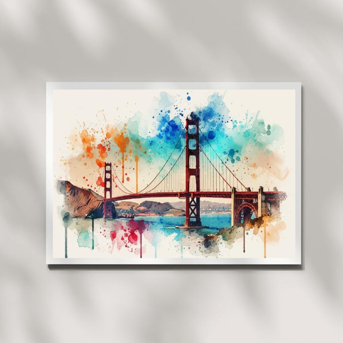 Golden Gate Bridge Watercolor San Francisco Bay Sunset Art Poster