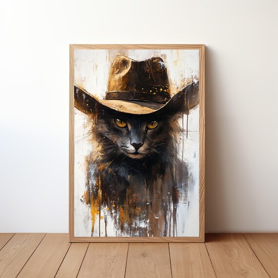 Funny Black Cat in Cowboy Hat Western Rustic Painting Poster