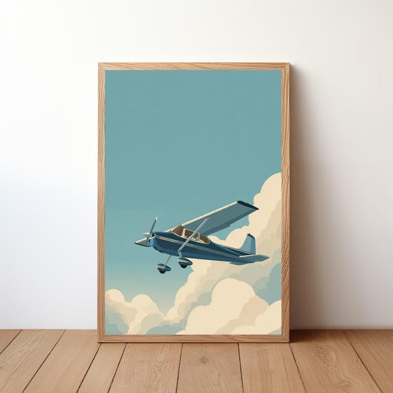 Minimalist Cessna Plane Poster Modern Aviation Wall Art Small Aircraft In Sky Print Simple Pilot Decor Clean Flight Illustration Avi36