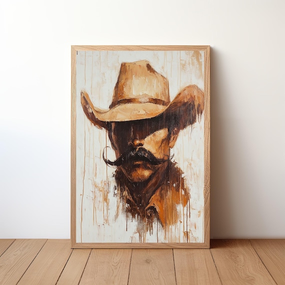 Mustached Cowboy Tan Hat Western Brushstroke Portrait Wall Art
