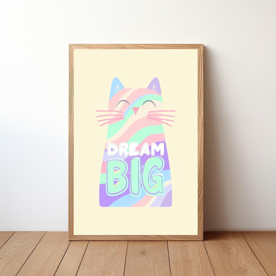 Dream Big Rainbow Cat Cute Pastel Kitten Inspirational Kids Room Art Poster