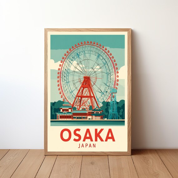 Vintage Osaka Japan Retro Travel Poster Giant Red Ferris Wheel On Water