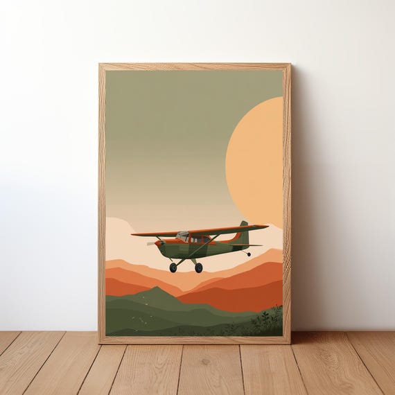 Minimalist Cessna Plane Poster Modern Aviation Wall Art Small Aircraft In Sky Print Simple Pilot Decor Clean Flight Illustration Avi37