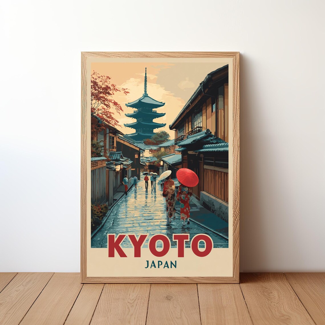 Kyoto Japan Vintage Travel Poster Old Pagoda Street Umbrellas Rain Art