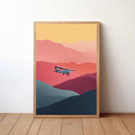 Minimalist Cessna Plane Poster Modern Aviation Wall Art Small Aircraft In Sky Print Simple Pilot Decor Clean Flight Illustration Avi24